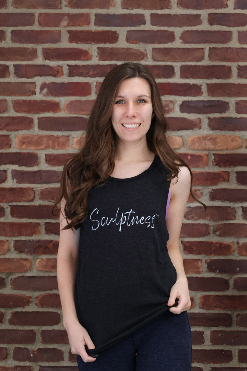 Front view of Sculptness Heather Black Tank on Ashley Brooke