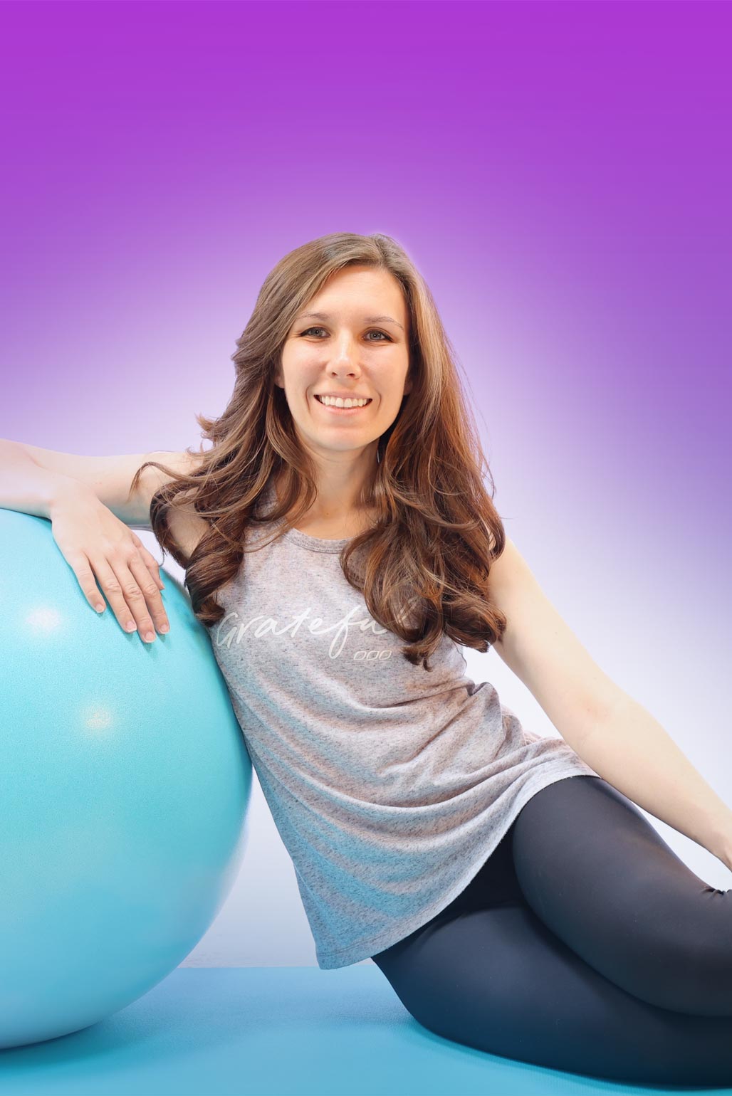 Sculptness cover photo of Ashley with blue/green fitness ball