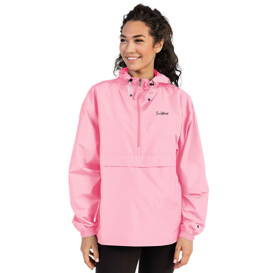 front view of Sculptness Embroidered Packable Jacket in pink